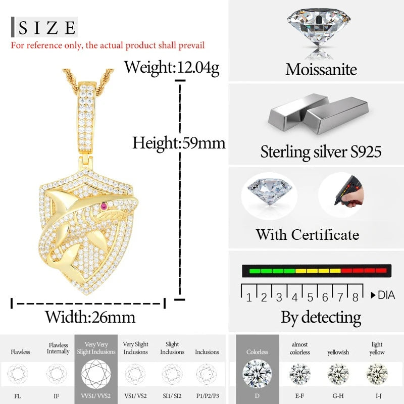 TUHE Unisex High Quality VVS1 Moissanite Iced Out Shark Pendant 18k electroplating For Men Women Hip Hop Jewelry Gift