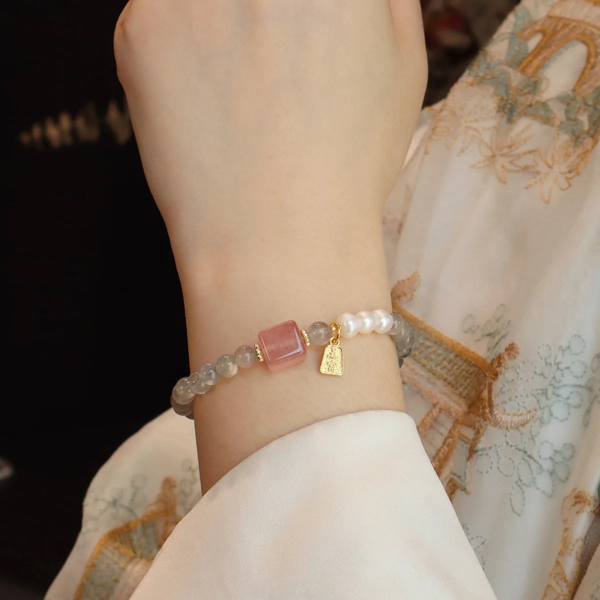 6MM Gray Moonstone Bracelet with Citrine&Strawberry Quartz, Freshwater Pearl Beaded Elastic Jewelry, Boho Healing Gift for Women