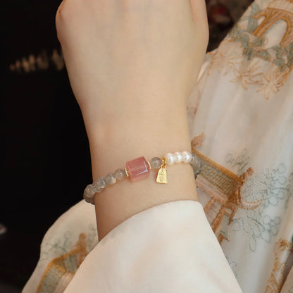 6MM Gray Moonstone Bracelet with Citrine&Strawberry Quartz, Freshwater Pearl Beaded Elastic Jewelry, Boho Healing Gift for Women