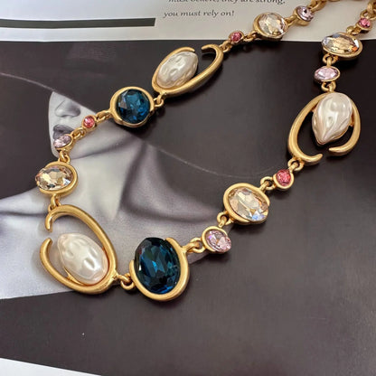 Glam O-Link Choker Rhinestone Collarbone Pendant Necklace, Long Layering Chain for Women, Sparkling Evening Party Jewelry