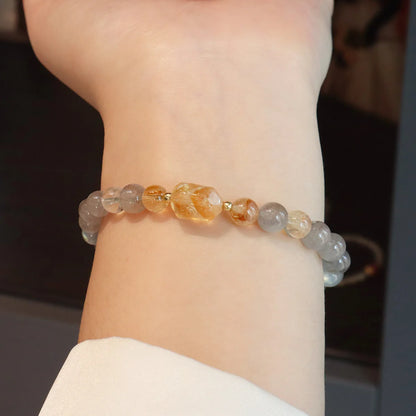 6MM Gray Moonstone Bracelet with Citrine&Strawberry Quartz, Freshwater Pearl Beaded Elastic Jewelry, Boho Healing Gift for Women