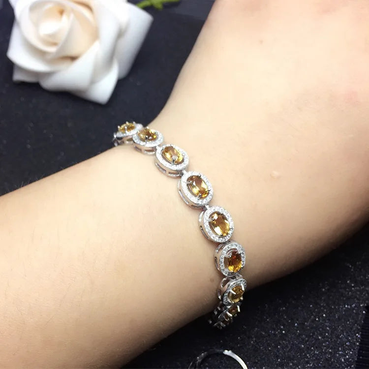 MeiBaPJ Real Natural Citrine Gemstone Bracelet for Women 925 Sterling Silver Yellow Stone Bangle Fine Party Jewelry